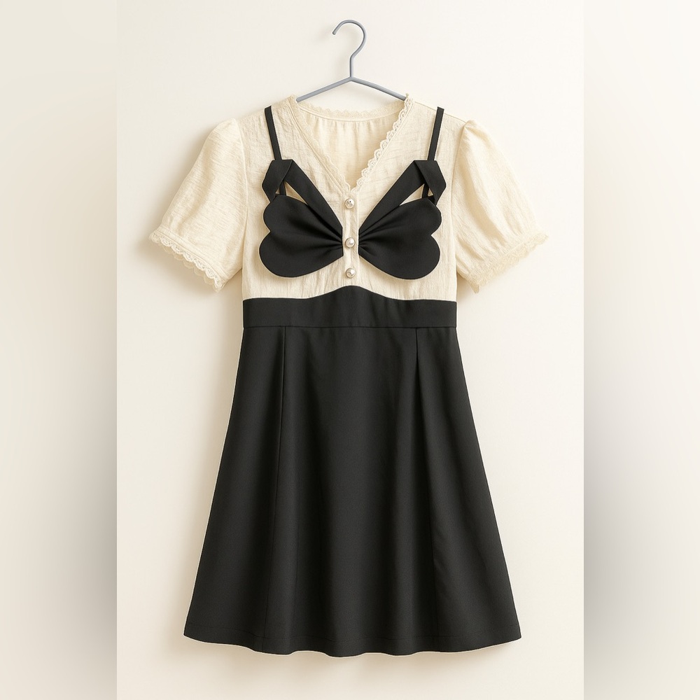 Elegant Black & Cream Puff-Sleeve Dress with Bow Detail